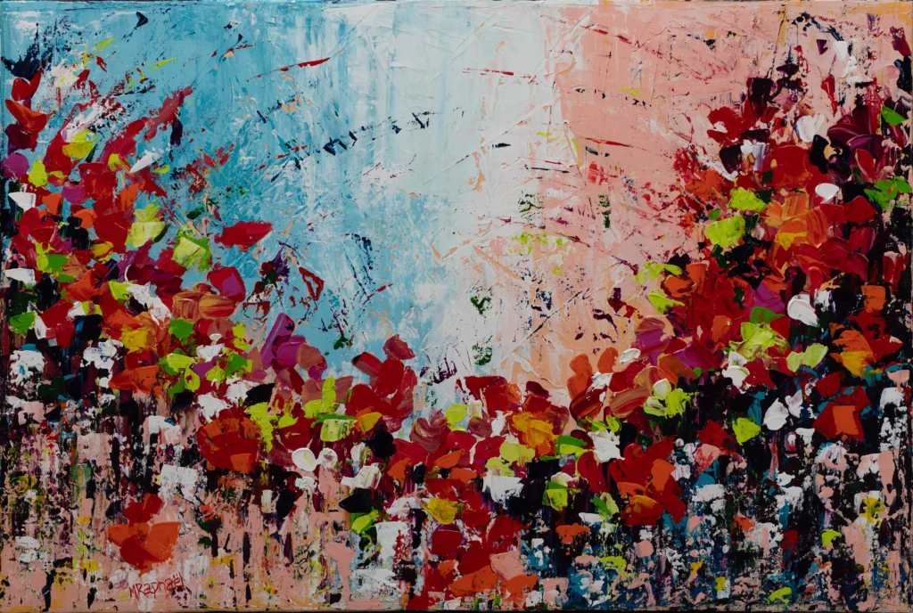 Cette œuvre abstraite, peinte à l’acrylique à la spatule, juxtapose la force brute et la beauté délicate. Le rouge, dominant et vibrant, évoque l’intensité du mouvement, comme un terrain en transformation. À travers les épaisseurs texturées, surgissent des éclats floraux, fragiles mais tenaces, qui émergent du chaos avec poésie. Chantier fleuri est un contraste vivant entre construction et floraison, une métaphore visuelle de ce qui pousse et renait malgré tout.