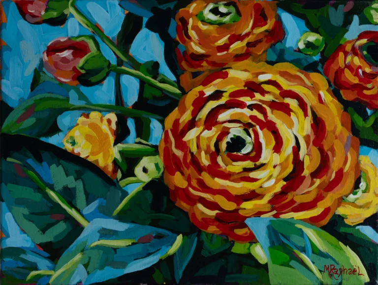 Véritable explosion florale, cette toile en acrylique capte l’éclat d’une fleur orange en pleine effervescence. Les pétales semblent jaillir du centre avec énergie, peints à grands coups de pinceau dynamiques et spatule pour ajouter de la texture. La palette chaude, vibrante et lumineuse évoque la vitalité, la chaleur du soleil et la beauté brute de la nature en plein épanouissement. Une œuvre qui pulse, vivante, comme un battement de lumière.