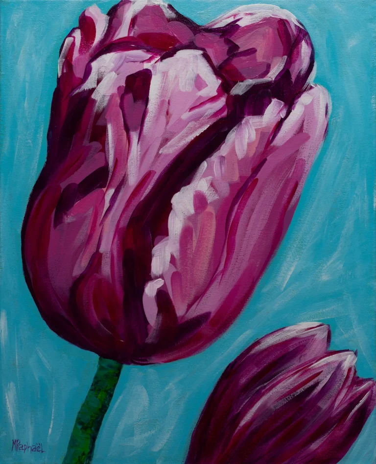 Peinte à l’acrylique avec une technique de pinceau lousse, cette toile florale évoque la grâce délicate d’une tulipe en pleine éclosion. Les gestes libres et aériens suggèrent la souplesse des pétales, tandis que les nuances de rose, tendres et lumineuses, insufflent une sensation de fraîcheur et de légèreté.  Une œuvre toute en douceur, qui capte la beauté fragile de l’instant présent.