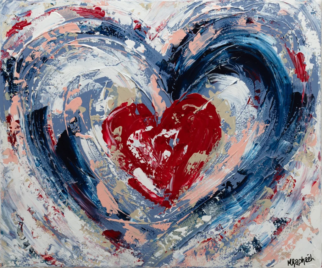 Cette œuvre en acrylique met en lumière un cœur aux reliefs riches, créé par des couches épaisses de peinture et une technique expressive. Les textures profondes invitent à toucher du regard, tandis que les couleurs vibrantes évoquent la passion, la force et la douceur mêlées.   Cœur Texturé célèbre l’intensité des émotions humaines, dans toute leur complexité et leur beauté tactile.