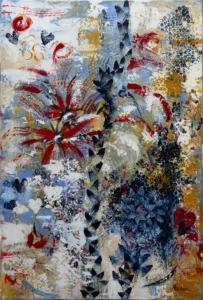 Cette toile explosive, réalisée à l’acrylique avec un mélange de pinceau, spatule et techniques de stamping, déborde d’énergie et de couleurs vibrantes.  Les textures variées et les motifs imprimés créent un véritable feu d’artifice visuel, où chaque détail pulse au rythme d’une fête joyeuse et débordante de vie. Fiesta invite à plonger dans une ambiance de célébration et de spontanéité, célébrant la joie pure et le mouvement.