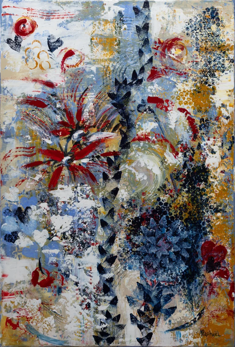 Cette toile explosive, réalisée à l’acrylique avec un mélange de pinceau, spatule et techniques de stamping, déborde d’énergie et de couleurs vibrantes.  Les textures variées et les motifs imprimés créent un véritable feu d’artifice visuel, où chaque détail pulse au rythme d’une fête joyeuse et débordante de vie. Fiesta invite à plonger dans une ambiance de célébration et de spontanéité, célébrant la joie pure et le mouvement.