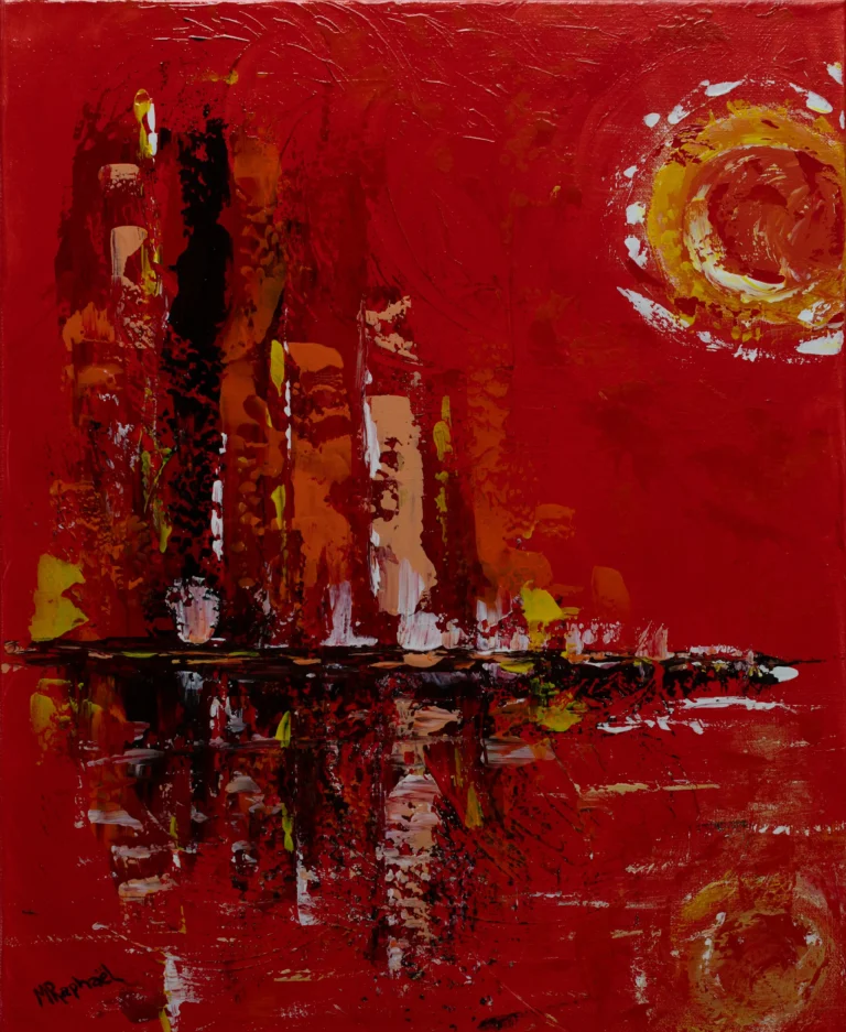 Toile abstraite acrylique à la spatule. Dominance de rouge, textures denses et lumineuses, silhouettes urbaines embrasées par un soleil incandescent, entre chaos et renaissance. L’ensemble dégage à la fois un sentiment de puissance et de fragilité, comme une ville suspendue entre destruction et renaissance.