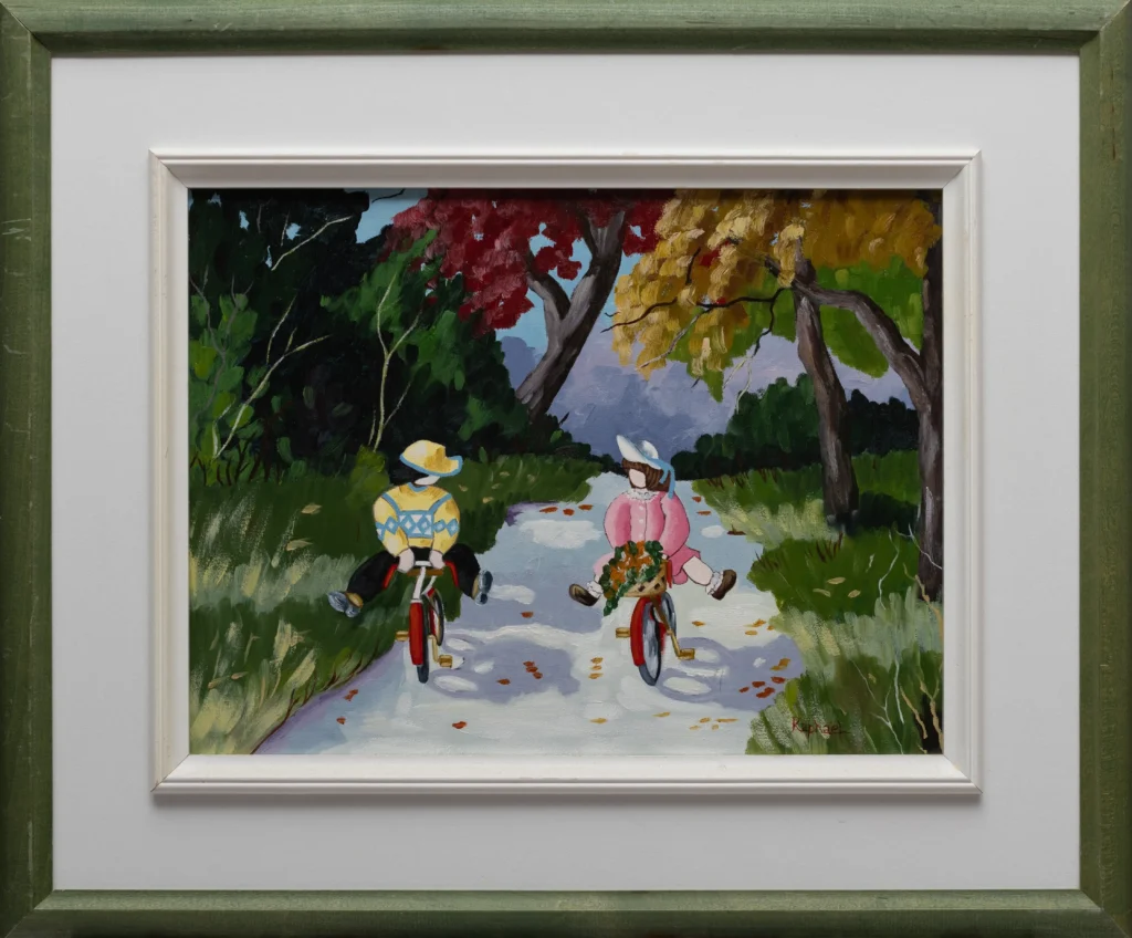 Cette toile en acrylique, réalisée au pinceau, capture la douceur d’un après-midi à vélo.  Les couleurs vives et douces en même temps, les coups de pinceau spontanés traduisent la légèreté du vent, les jeux de lumière sur la route et cette sensation précieuse de pédaler sans destination précise… juste pour le plaisir.