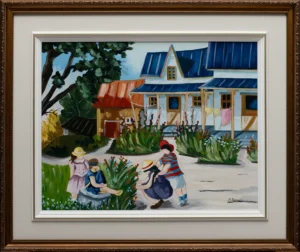 Peinte à l’acrylique avec une technique au pinceau délicate, cette toile respire l’innocence et la joie simple d’une matinée partagée entre amis. Les formes arrondies, les teintes tendres et les gestes picturaux tout en douceur créent une ambiance enfantine et chaleureuse.  On y ressent la complicité légère, les rires timides et les petits bonheurs tranquilles d’un instant précieux figé dans la lumière du matin.