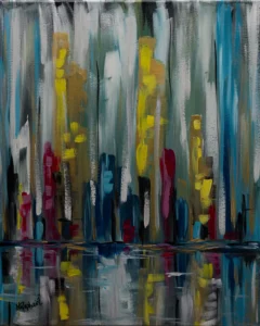 Peinte à l’acrylique avec des touches fluides et expressives, cette toile capture l’ambiance mélancolique et vivante d’une ville sous une pluie fine. Les reflets tremblants sur les pavés et les façades floutées évoquent la douceur et la fraîcheur de l’averse, tandis que les couleurs tamisées traduisent une atmosphère à la fois intime et urbaine.  Ville sous la pluie invite à ressentir la poésie cachée dans les instants pluvieux du quotidien.