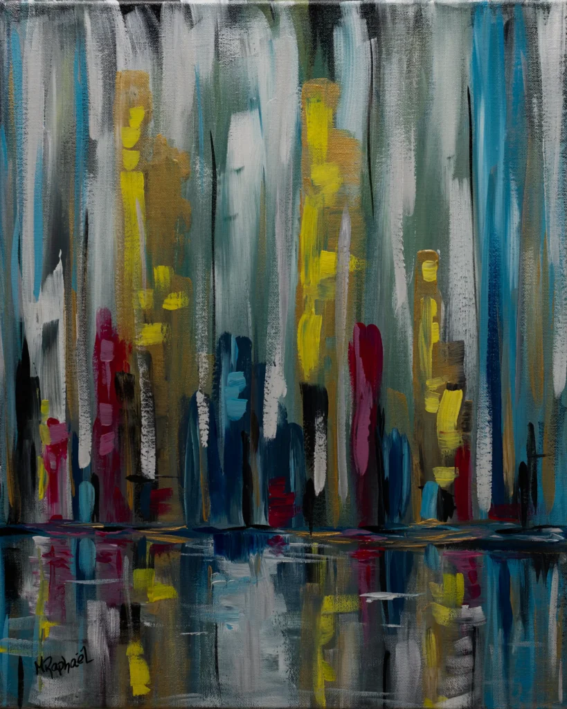 Peinte à l’acrylique avec des touches fluides et expressives, cette toile capture l’ambiance mélancolique et vivante d’une ville sous une pluie fine. Les reflets tremblants sur les pavés et les façades floutées évoquent la douceur et la fraîcheur de l’averse, tandis que les couleurs tamisées traduisent une atmosphère à la fois intime et urbaine.
Ville sous la pluie invite à ressentir la poésie cachée dans les instants pluvieux du quotidien.