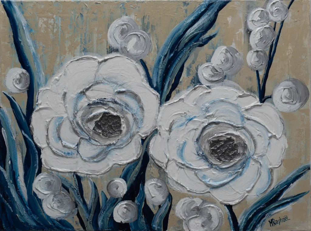 Peinte à l’acrylique avec la technique de la spatule, cette toile révèle un bouquet de blanc en relief, vibrant de textures. Les épaisseurs généreuses de peinture donnent vie aux pétales, jouant avec la lumière et les ombres pour créer une profondeur tactile.
Cette approche sculpturale invite à toucher du regard, à ressentir la délicatesse et la force simultanées de la fleur, symbole de pureté et de calme.
Une œuvre où matière et émotion se rencontrent avec élégance.