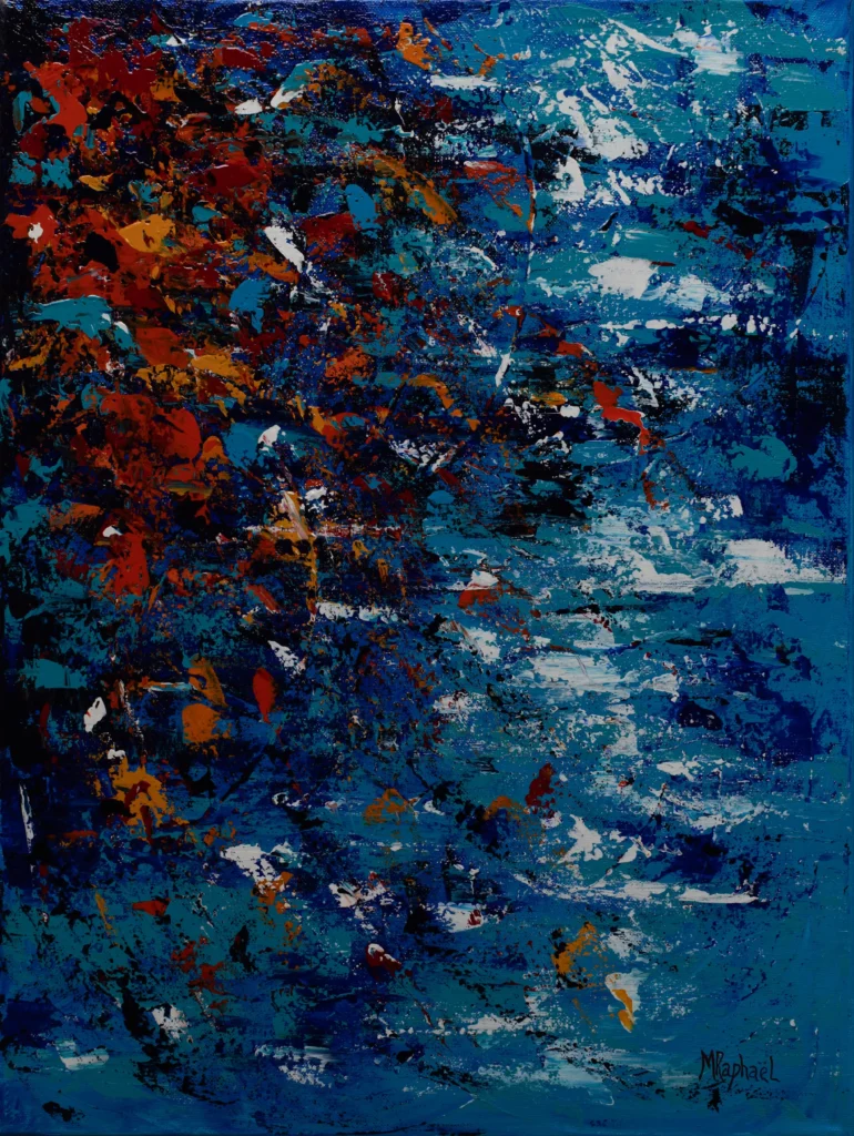 Cette toile en acrylique célèbre la fraîcheur et la vitalité à travers une palette dominée par un bleu dans toutes ses nuances. Les coups de pinceau légers et dynamiques créent une sensation de mouvement et de légèreté, comme des bulles qui dansent à la surface de l’eau.  Feuillage d’automne est une invitation à respirer, à se laisser emporter par la joie simple et rafraîchissante d’un instant éclatant.