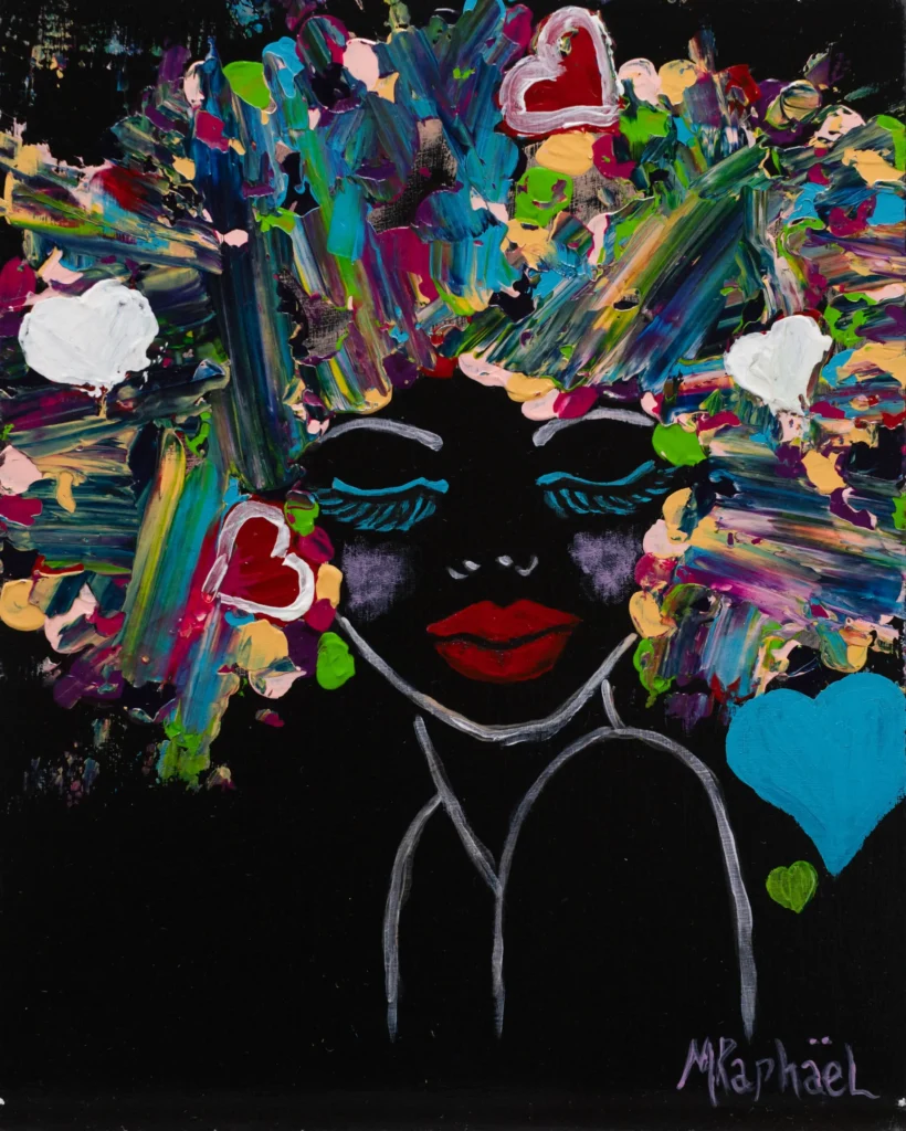 Ce portrait audacieux, réalisé à l’acrylique avec une combinaison de pinceau, spatule et techniques de stamping, capte l’esprit éclatant des années disco. Les textures riches et les motifs imprimés se mêlent aux traits dynamiques pour donner vie à une chevelure vibrante, pleine de mouvement et de lumière. Disco Hair est une explosion de couleurs et de style, où énergie et nostalgie dansent ensemble sous les projecteurs d’une soirée inoubliable.