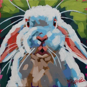 Ce lapin blanc, peint à l’acrylique avec une technique de pinceau lousse, semble tout droit sorti d’un rêve. Les coups de pinceau légers et vaporeux suggèrent la douceur de sa fourrure et la fragilité de sa présence.  Son regard discret, presque timide, invite à la contemplation. Une scène tout en délicatesse, où le blanc prend vie dans un monde feutré.