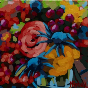Cette toile florale, peinte à l’acrylique, mêle avec harmonie la douceur des fleurs et la fraîcheur acidulée des baies. Les couleurs éclatantes et les coups de pinceau vivants créent une composition joyeuse et gourmande, pleine de vie. Chaque détail, entre pétales délicats et fruits vibrants, évoque la richesse de la nature en fête, capturant un instant lumineux et généreux.  Une œuvre qui respire la fraîcheur et la vitalité.