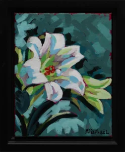 Cette toile florale, réalisée à l’acrylique avec un pinceau lousse, évoque la pureté et la lumière des lys de Pâques. Les traits souples et aérés traduisent la délicatesse des pétales, tandis que les blancs lumineux contrastent subtilement avec les touches de vert et de jaune. L’ensemble respire la douceur, la renaissance et l’espoir, comme un hommage visuel à la paix et à la sérénité du printemps. Une œuvre à la fois simple et symbolique, empreinte de fraîcheur et de grâce.