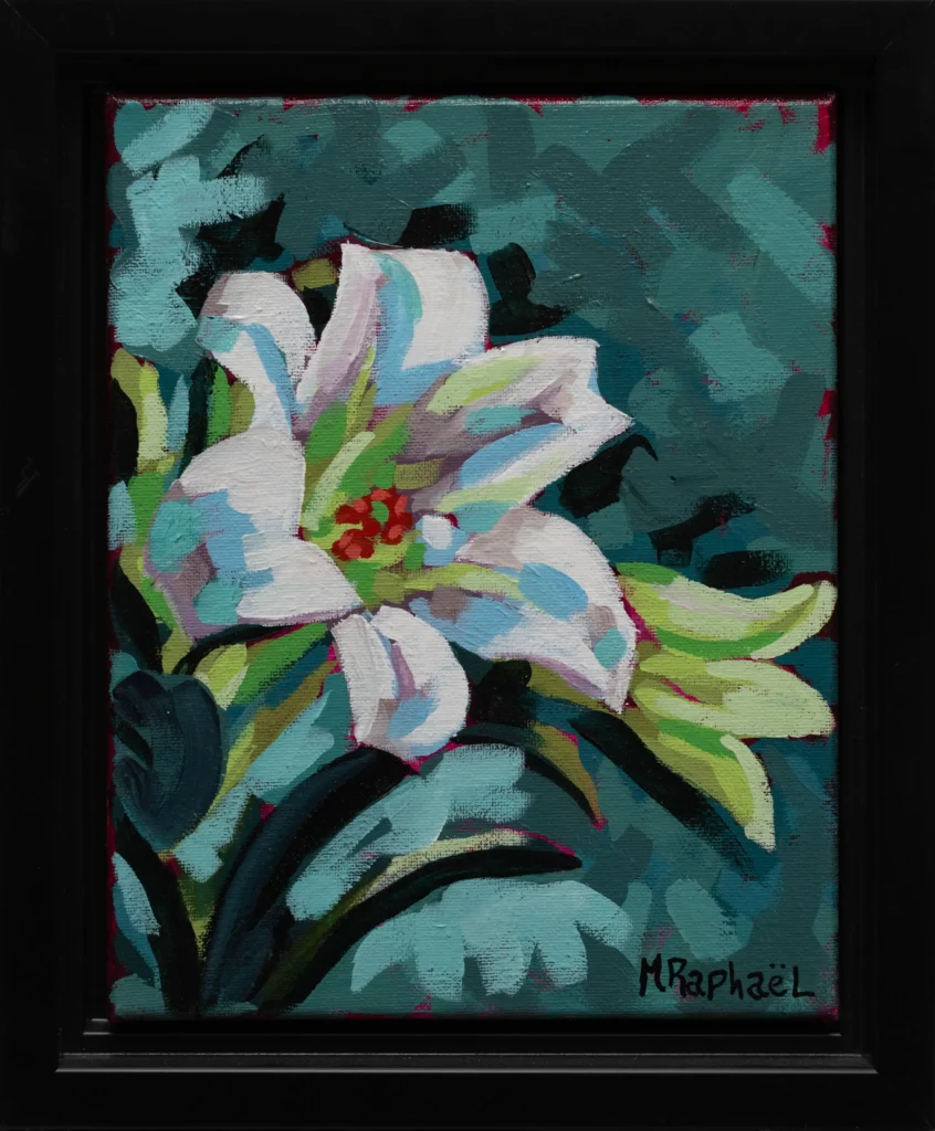 Cette toile florale, réalisée à l’acrylique avec un pinceau lousse, évoque la pureté et la lumière des lys de Pâques. Les traits souples et aérés traduisent la délicatesse des pétales, tandis que les blancs lumineux contrastent subtilement avec les touches de vert et de jaune. L’ensemble respire la douceur, la renaissance et l’espoir, comme un hommage visuel à la paix et à la sérénité du printemps. Une œuvre à la fois simple et symbolique, empreinte de fraîcheur et de grâce.