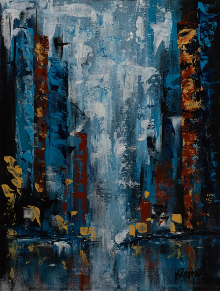 Peinte à l’acrylique avec la technique de la spatule, Night City Scape dévoile une vision abstraite d’une ville qui s’illumine une fois la nuit tombée. Les textures épaisses et les contrastes marqués entre ombres profondes et éclats lumineux évoquent les fenêtres allumées, les néons, et l’énergie discrète de la vie nocturne. Chaque coup de spatule suggère une structure, une rue, un murmure urbain.  Une œuvre vibrante et mystérieuse, où la nuit devient toile de fond d’un monde qui ne dort jamais. **Vous pouvez compléter la composition en choisissant l’oeuvre “Day City scape”