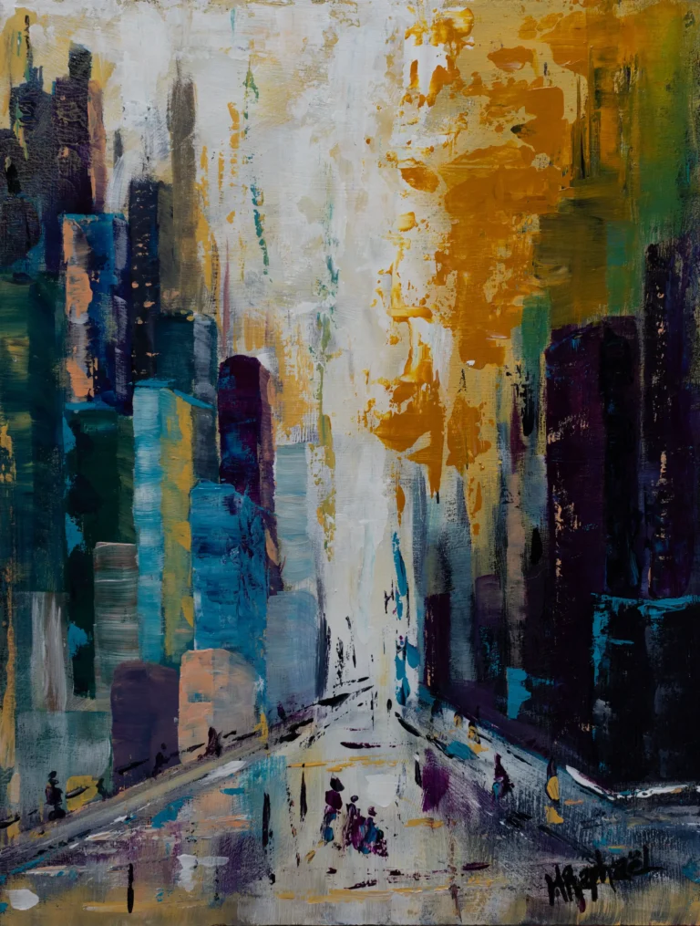 Œuvre abstraite réalisée à l’acrylique à la spatule, Day City Scape évoque l’effervescence d’une ville en plein jour. Les lignes verticales et les aplats texturés suggèrent des gratte-ciels, des rues animées, des reflets de lumière sur l’architecture. Les teintes claires et lumineuses traduisent le tumulte organisé du quotidien urbain, entre rythme effréné et beauté cachée.  Une composition vibrante, où la matière et les couleurs racontent la vie en mouvement.  **Vous pouvez compléter la composition en choisissant l’oeuvre “Night City scape”