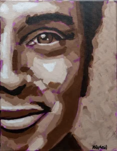 Ce portrait en monochrome, peint à l’acrylique avec un pinceau lousse, dévoile un visage masculin dépouillé de tout artifice. Les traits sont esquissés avec fluidité, laissant transparaître la vulnérabilité et la force dans une même respiration. Le choix du monochrome accentue l’intensité émotionnelle, recentrant le regard sur l’expression, la texture, l’essentiel.  Une œuvre intimiste et brute, où chaque coup de pinceau semble porter une part de silence ou de vérité.