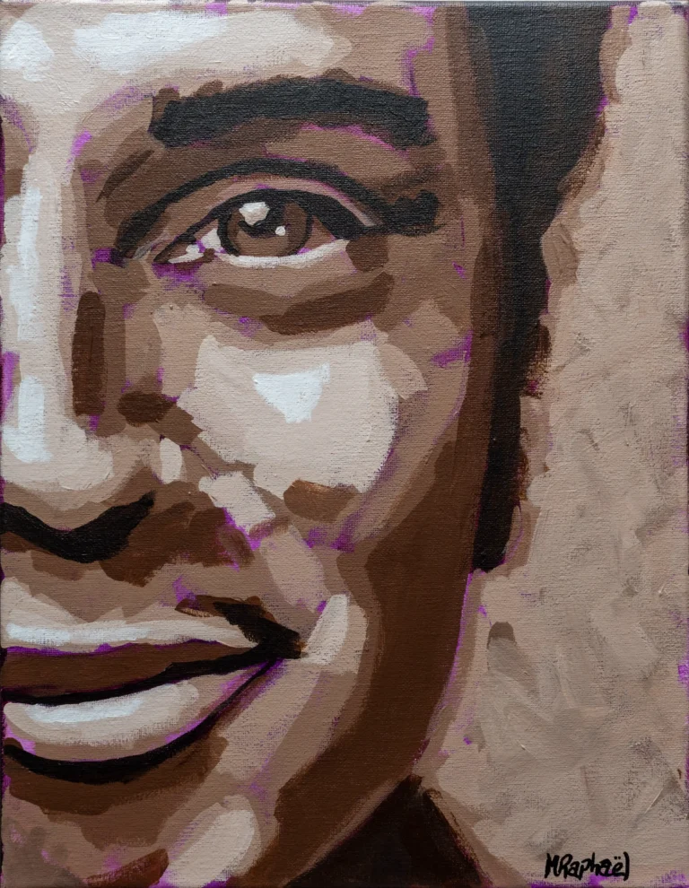 Ce portrait en monochrome, peint à l’acrylique avec un pinceau lousse, dévoile un visage masculin dépouillé de tout artifice. Les traits sont esquissés avec fluidité, laissant transparaître la vulnérabilité et la force dans une même respiration. Le choix du monochrome accentue l’intensité émotionnelle, recentrant le regard sur l’expression, la texture, l’essentiel.  Une œuvre intimiste et brute, où chaque coup de pinceau semble porter une part de silence ou de vérité.