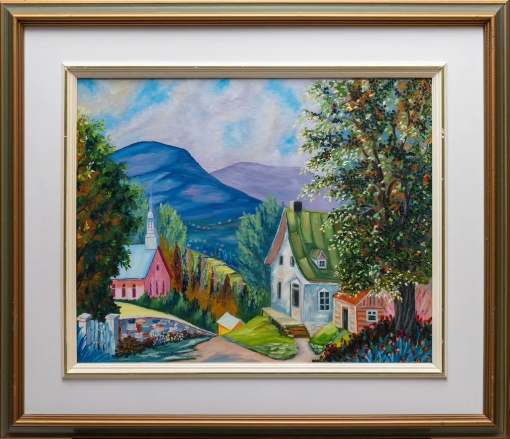 Peinte à l’huile avec la technique du pinceau, cette toile donne vie à un village fantaisiste où l’imaginaire règne. Les maisons penchent légèrement, comme si elles chuchotaient entre elles, et les chemins sinueux invitent à se perdre dans un monde enchanté. Les couleurs riches et les formes organiques créent une atmosphère magique, entre rêve et réalité.  Un lieu hors du temps, où chaque détail semble animé d’une âme propre à lui.