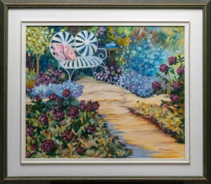 Réalisée à l’huile avec la technique du pinceau, cette toile déploie un jardin foisonnant où les fleurs s’épanouissent dans un doux éclat. Au cœur de cette composition riche et vivante, le blanc dominant apporte une touche de pureté et de romantisme, comme le souffle discret d’un rendez-vous amoureux, amical… ou simplement avec soi-même.   Les textures souples et les nuances lumineuses invitent à la rêverie, dans ce lieu paisible où le temps semble suspendu.