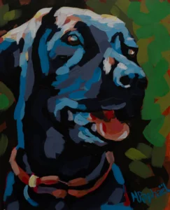 Peinte à l’acrylique avec un pinceau lousse, cette toile dépeint avec chaleur le regard doux et fidèle d’un labrador. Les traits libres et les textures souples traduisent la tendresse du pelage et la générosité de ce compagnon au cœur grand ouvert.  Les couleurs, posées avec spontanéité, laissent transparaître l’amour inconditionnel et la joie simple qu’il incarne.  Une œuvre touchante, empreinte d’affection et de loyauté.